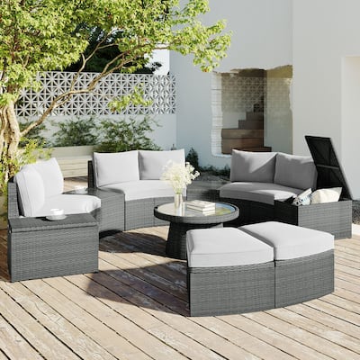 10-Piece Outdoor Sectional Half Round Patio Rattan Sofa Set, PE Wicker Conversation Furniture Set