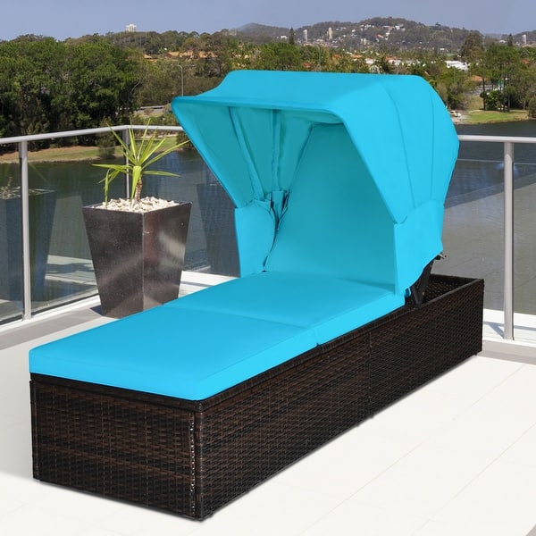 slide 2 of 10, Gymax Rattan Patio Chaise Lounge Chair W/ Adjustable Canopy Turquoise Green/Black