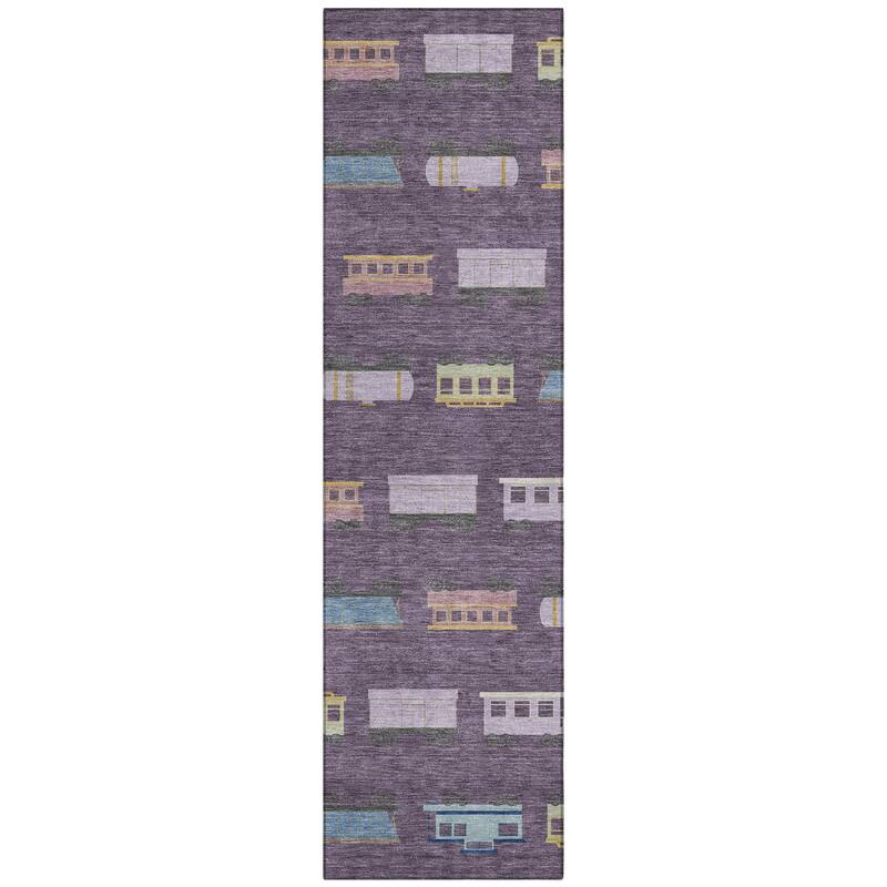 Machine Washable Indoor/ Outdoor Modern Train Chantille Rug