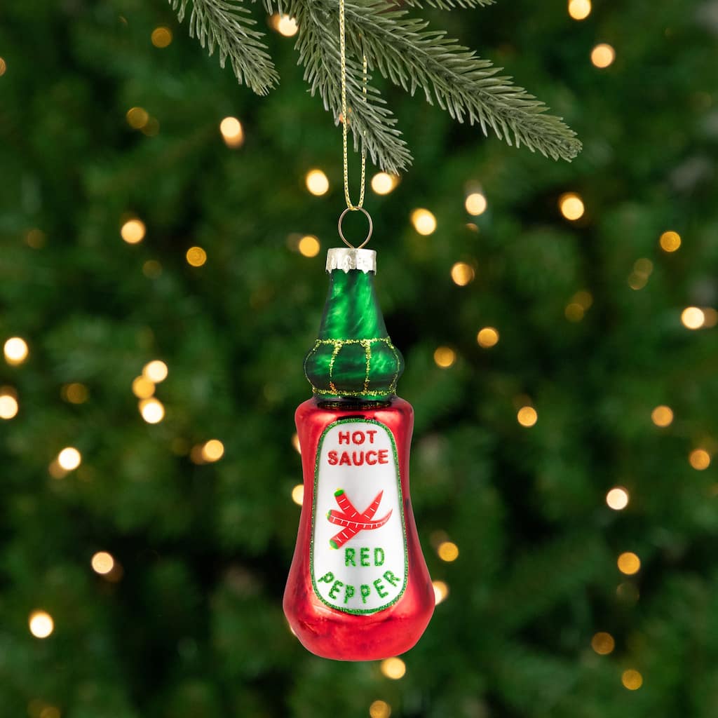 Glittered Bottle of Hot Sauce Glass Christmas Ornament - 4" - Red and Green