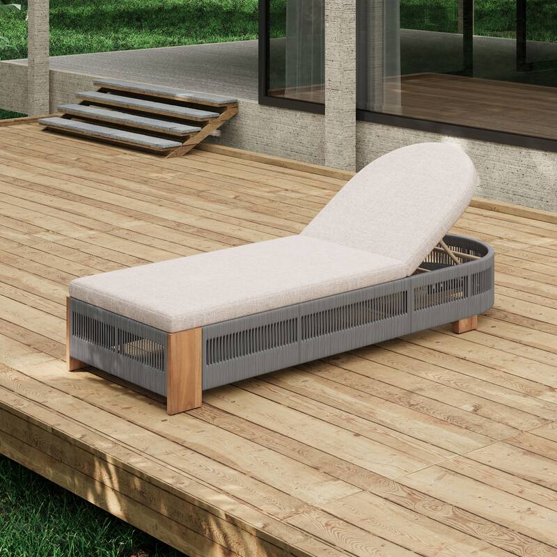 Outdoor Chaise Lounge Chair, Acacia wood Pool Chair with Adjustable Backrest and Cushion - Grey,Teak
