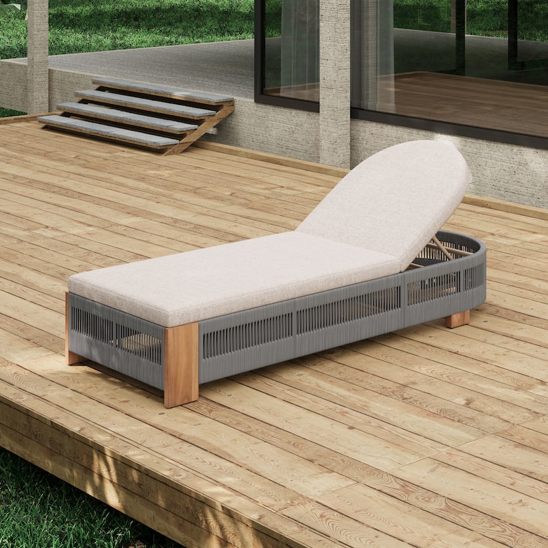 Rope Woven Outdoor Chaise Lounge Chair Adjustable Patio Recliner with Cushions Breathable Net Frame Sun Tanning Poolside Lounger - Teak Grey - 1pc
