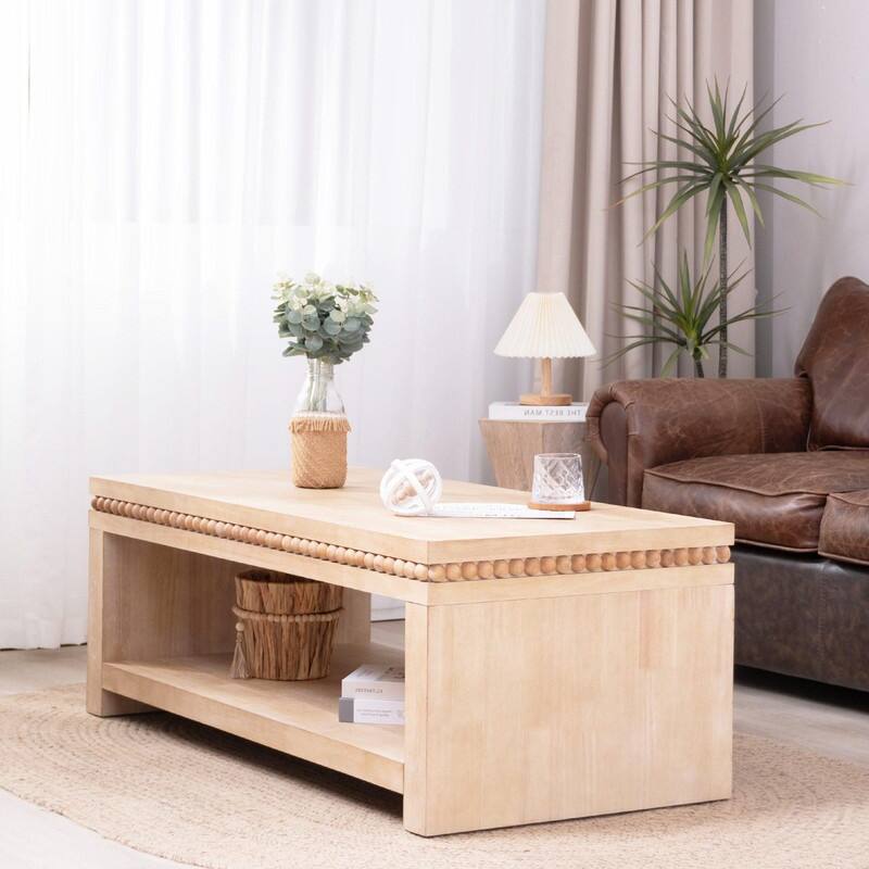 Modern Wood Coffee Table with Beaded Trim and Open Storage Shelf for Stylish Living Room Decor