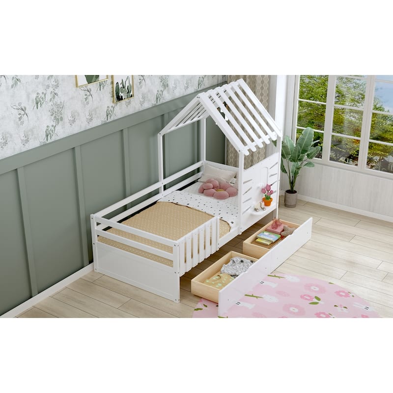 Bed Frames For Kids,House Bed With 2 Storage Drawers And Guardrails, Playhouse Bed With Roof And Window