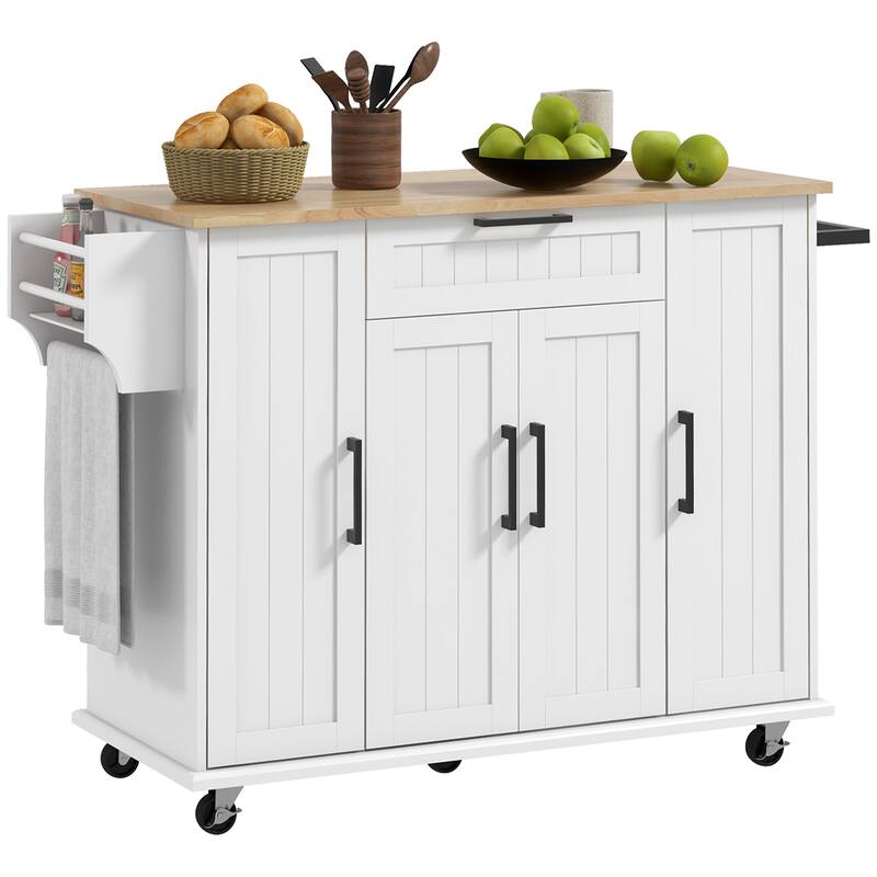 Kitchen Island on Wheels, Rolling Cart with Rubberwood Top, Drawer, Spice Towel Rack, Storage Cabinet with Adjustable Shelves - White