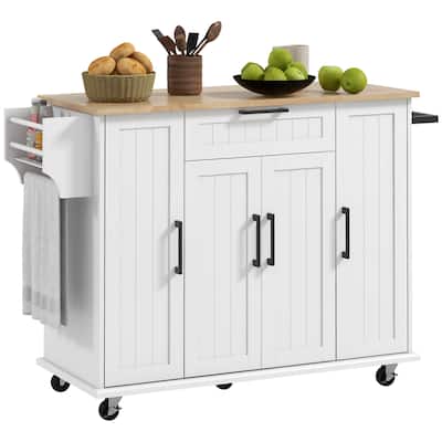 Kitchen Island on Wheels, Rolling Cart with Rubberwood Top, Drawer, Spice Towel Rack, Storage Cabinet with Adjustable Shelves