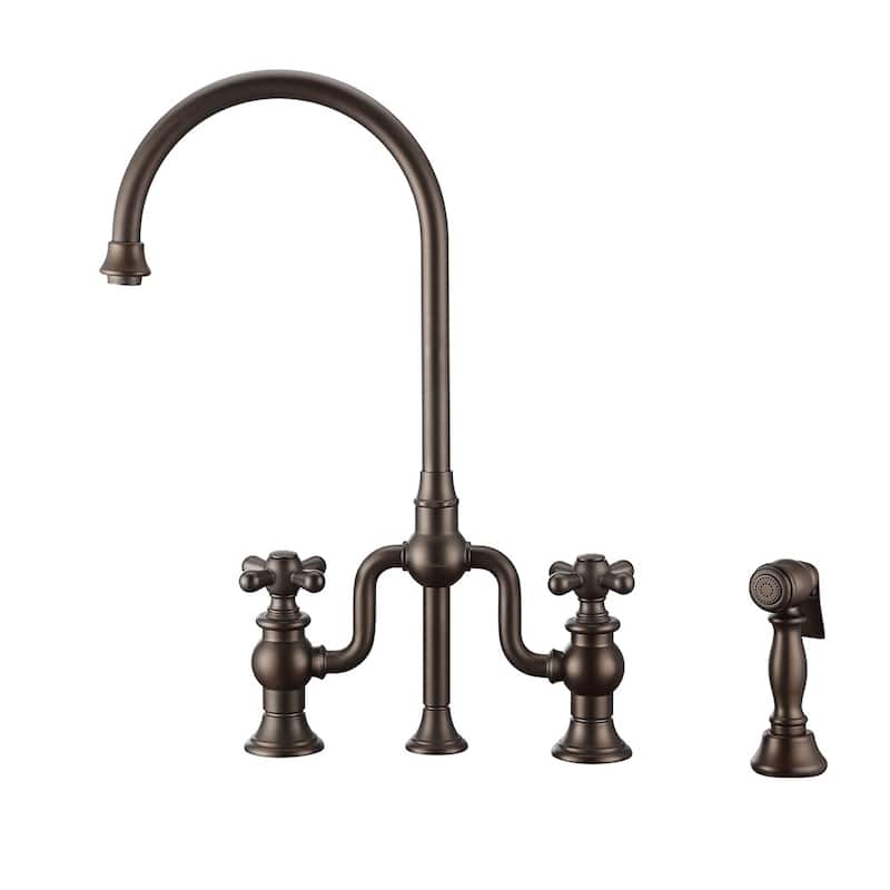 Bridge Faucet with Swivel Spout, Cross Handles and Solid Metal Side Spray - Brown