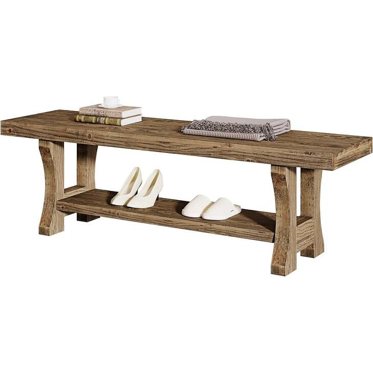 55 Inch Solid Wood Entryway Bench with Shoe Storage, 2-Tier End of Bed Bench Foyer Dining Bench - 55.1" W x 13.8" D x 17.7" H