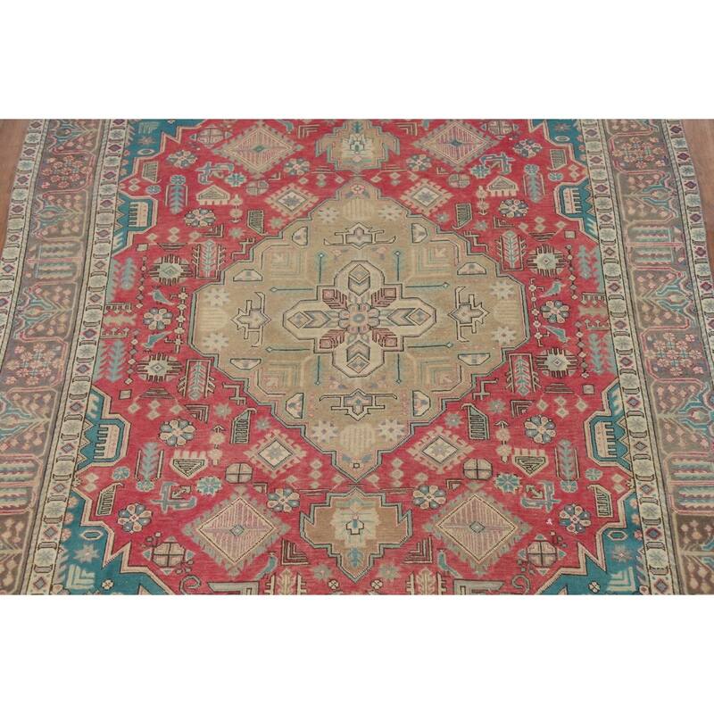 Pink Red Geometric Tabriz Persian Area Rug Hand-Knotted Wool Carpet - 6'6"x 9'10"