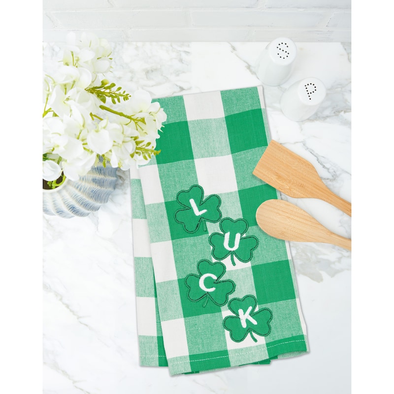 St. Patrick's Day Four Clover "Luck" Plaid Check Cotton Kitchen Dishtowel