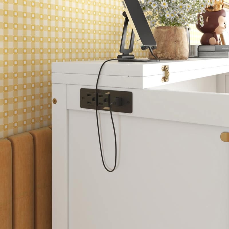 Murphy Cabinet Bed with USB Port and Removable Shelves on Each Side, Space-Saving Cube Cabinet Bed with Desk