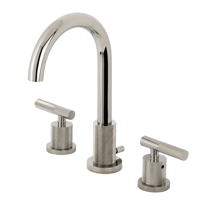 Kingston Brass Convergent Two-Handle 3-Hole Deck Mount Widespread Bathroom Faucet with Knurled Handle and Brass Pop-Up Drain - Polished Nickel