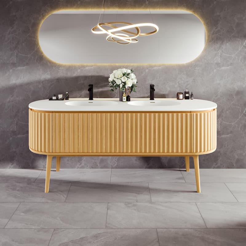 Haven 71"W DS Oak Freestanding Bath vanity with Integrated Sinks