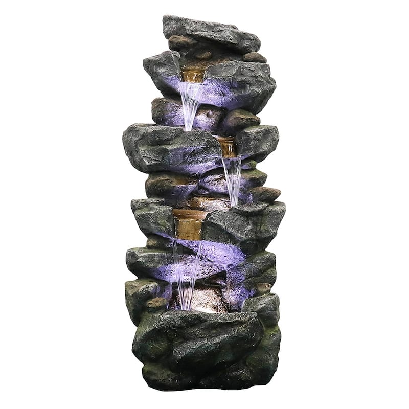 Outdoor Water Fountain w/LED Lights 4-Tier Stacked Rock Water Fountain