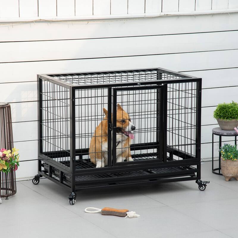 PawHut 36" Heavy Duty Dog Crate, Indestructible Dog Cage Kennel with Removable Tray, Lockable Wheels and Double Door, Black
