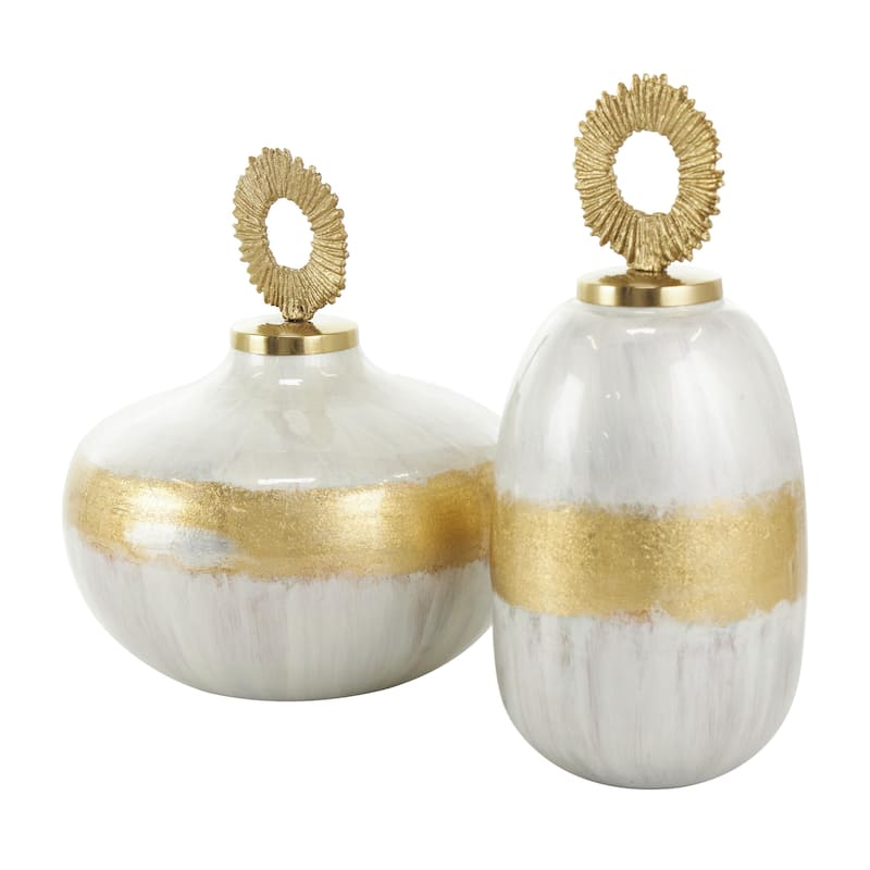 Metal Living Room Decorative Jars with Silver or Gold Ring Handles - Set of 2 Blue or White - Roche River Decor