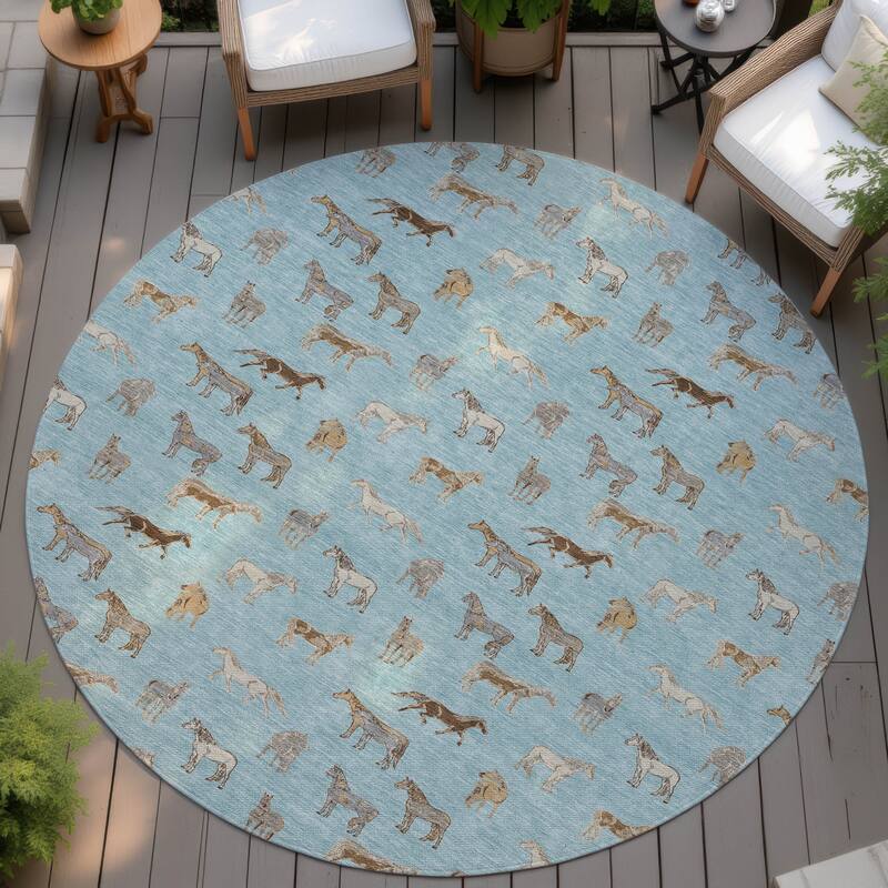 Machine Washable Indoor/ Outdoor Horses Chantille Rug - Sky - 8' x 8'