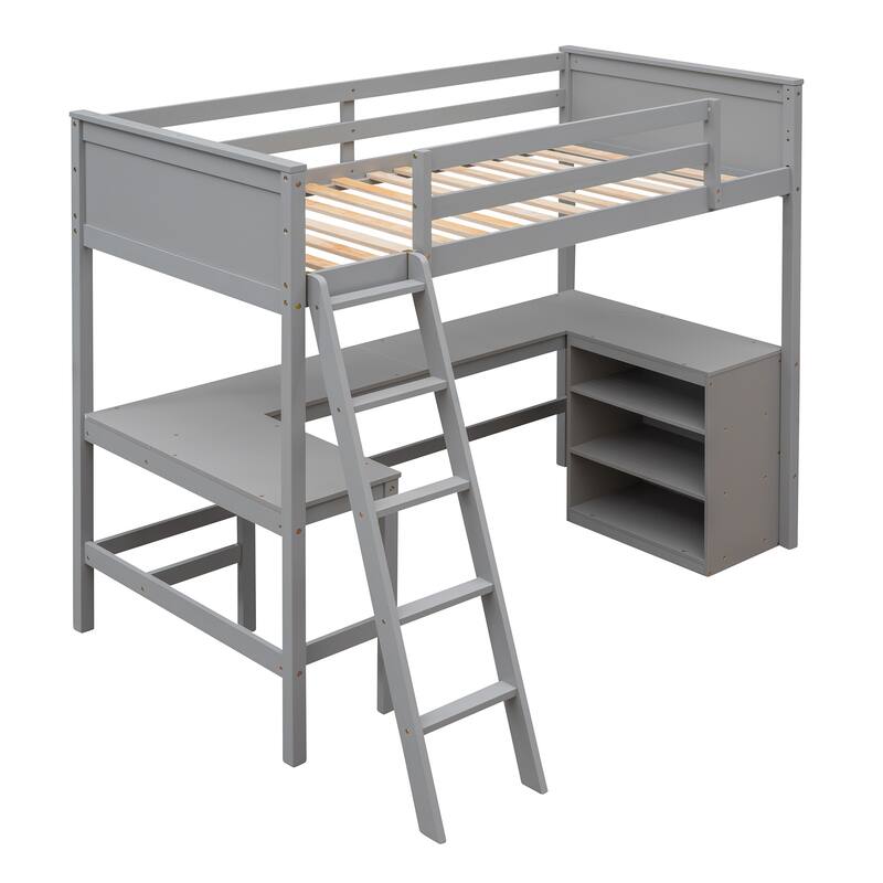 Wood Twin Loft Bed with Desk and Shelves