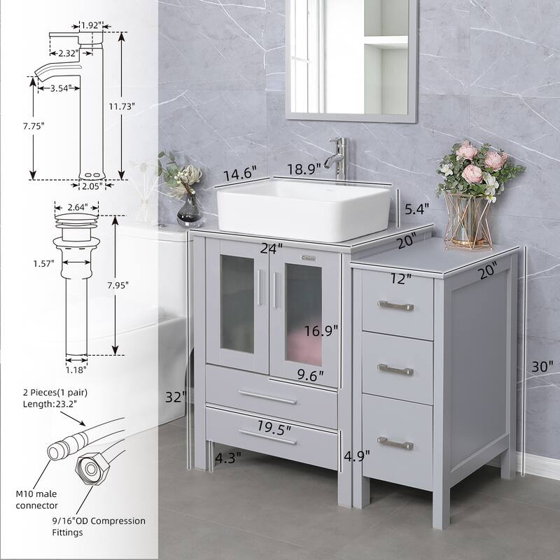 36" Bathroom Vanity Sink Gray Set with Side Cabinet Vessel Sink Faucet Combo