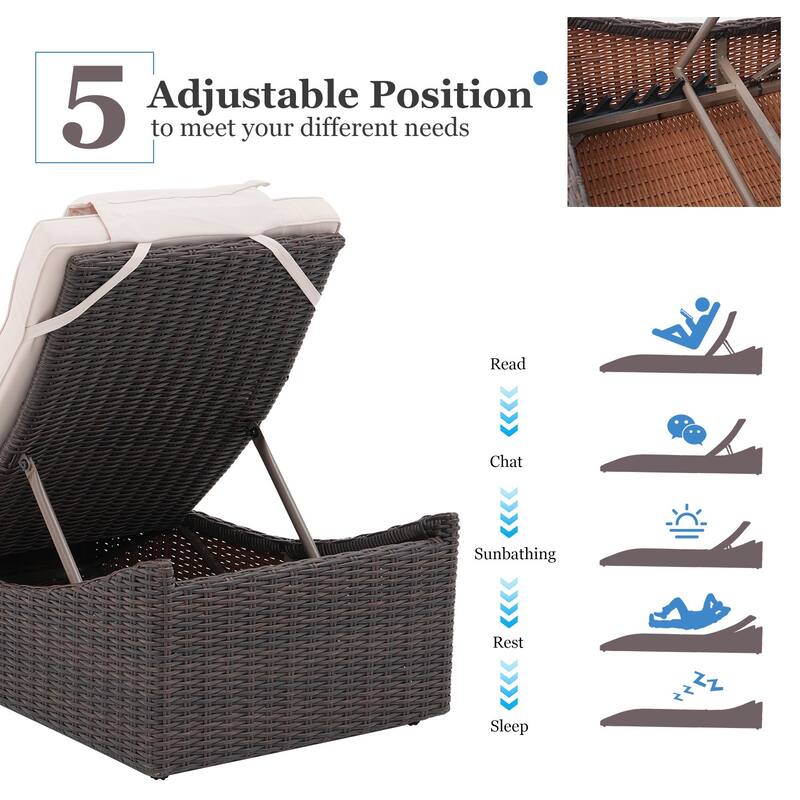 Patio Wicker Chaise Lounge Recliner Foldable Chair, w/ 5 Adjustable Back Positions & Cushion