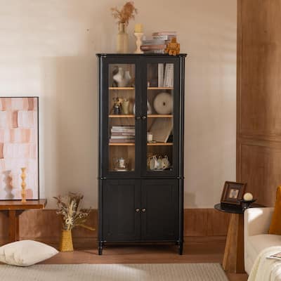 73.25'' Tall Vintage Display Cabinet with Double Glass Doors, Traditional Style China Cabinet Curio Cabinet for Collectibles