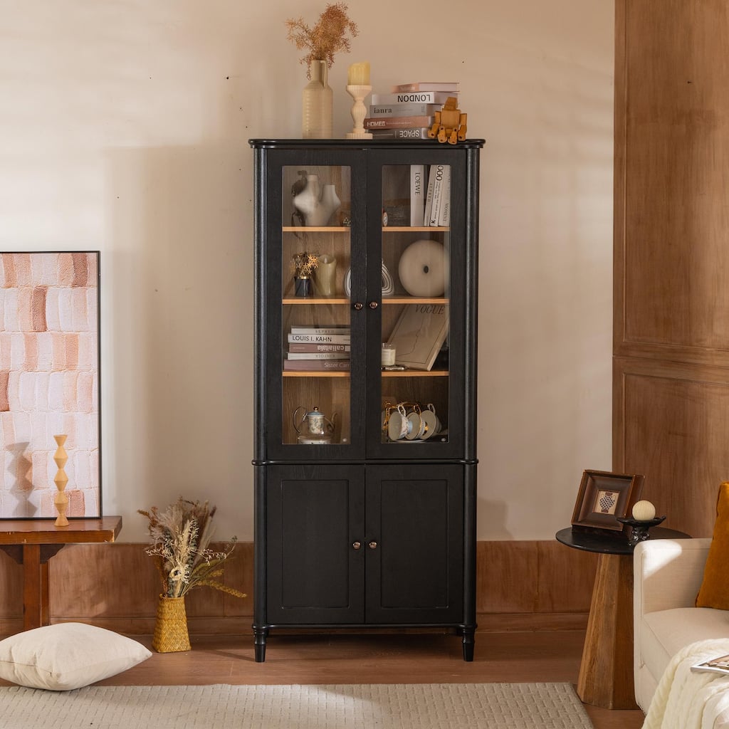 Roomfitters 73.25'' Vintage Display Cabinet with Glass Doors, Mid-Century Pantry Cabinet with Storage, Black & Natural