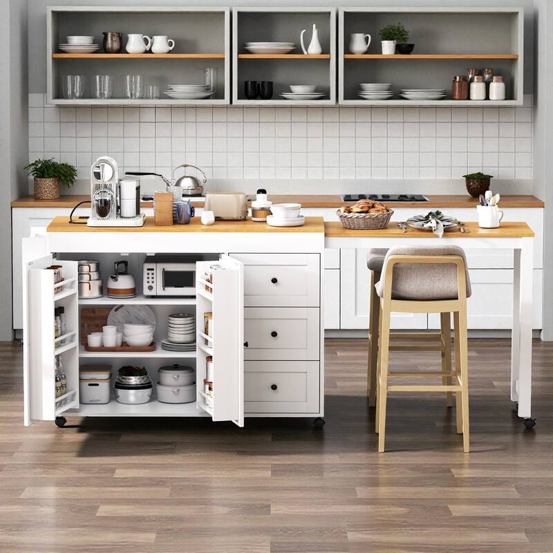 Kitchen Island with Extendable Dining Table, Power Outlet, Rolling Storage Cart with 3 Drawers, 2-Door Cabinet, and Spice Rack