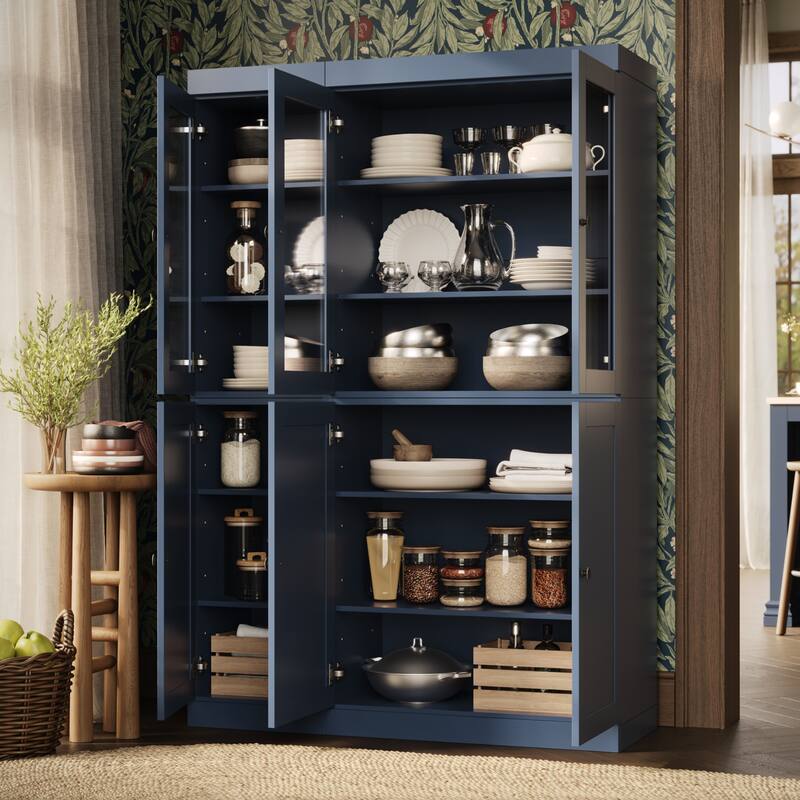 Palace Imports 100% Solid Wood 48.5" Pantry Cabinet with Clear Glass, Shaker Doors and Adjustable Shelves