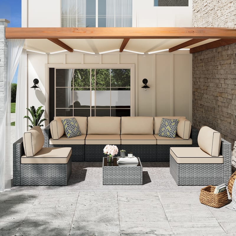 7-Piece Outdoor Sectional Seating Group with Cushions - Khaki/Silver
