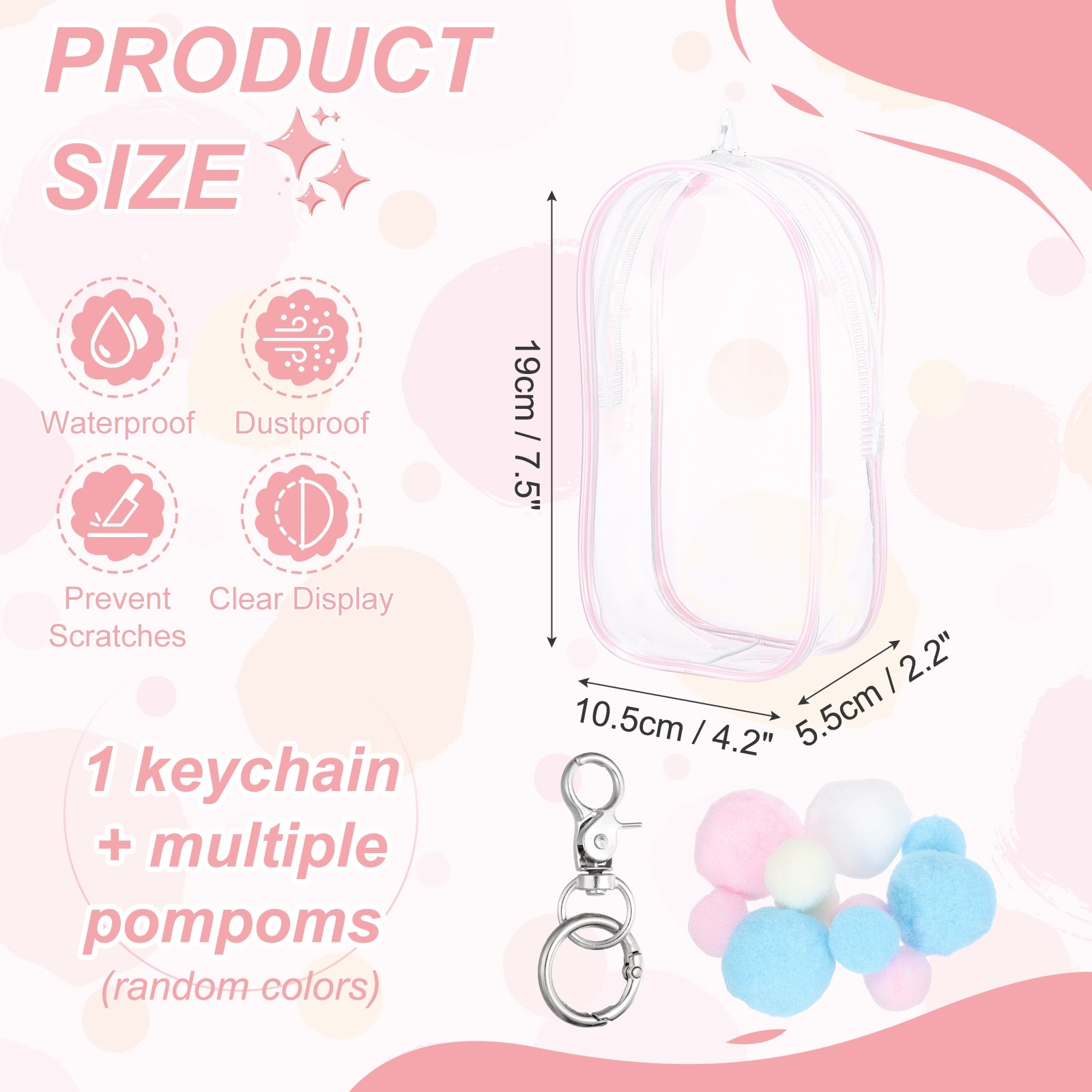 Clear Cosmetic Bag, Oval Travel Makeup Bag with Heart Shape Clip & Pom-Pom Small Pouch Portable Cosmetic Pouch