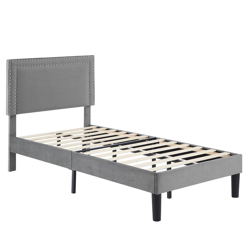 2 Pcs Upholstered Twin Size Platform Bed with Adjustable Headboard