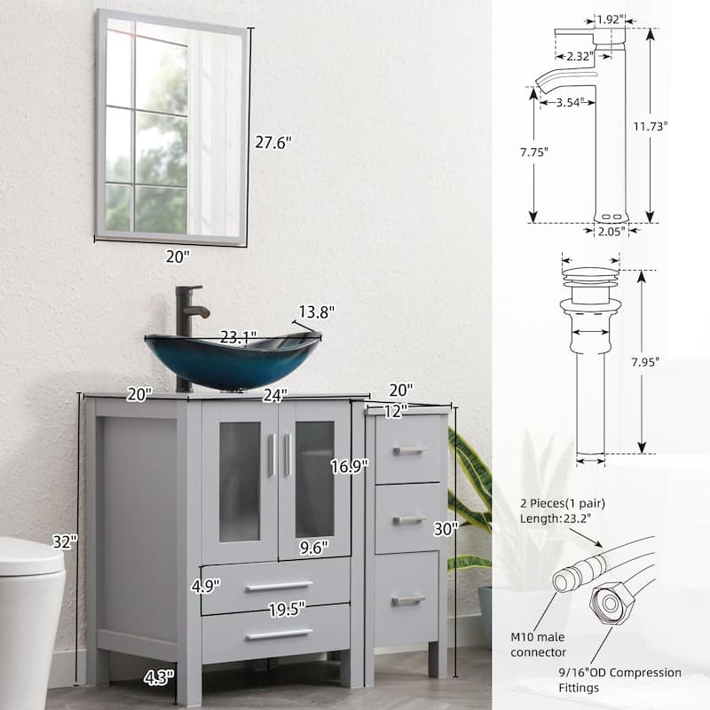 36" Bathroom Vanity Sink Gray Set with Side Cabinet Vessel Sink Mirror Faucet Combo