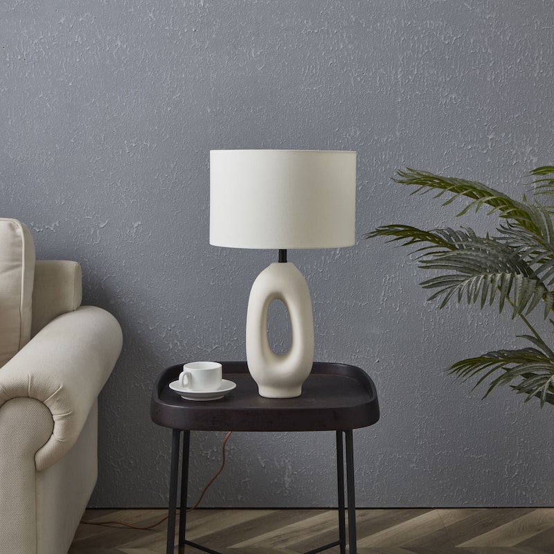 Brightech Artemis 22" Beige/Cream Standard Traditional LED Super Bright Table Lamp with Linen Drum Shade & Built-In USB-C Port