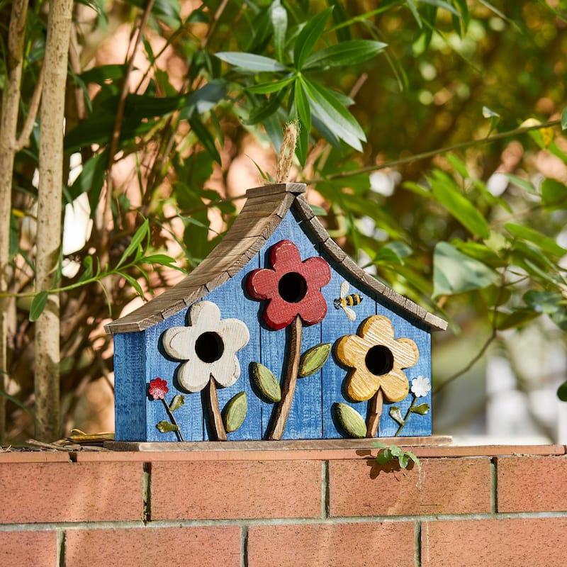 Glitzhome 10.5"H Distressed Solid Wood Birdhouse with 3D Flowers - 10.5"