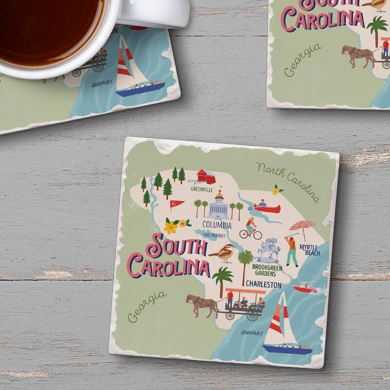 Absorbent Stone Beverage Coasters - Set of 4 - - State Attractions - SC - Multi-52