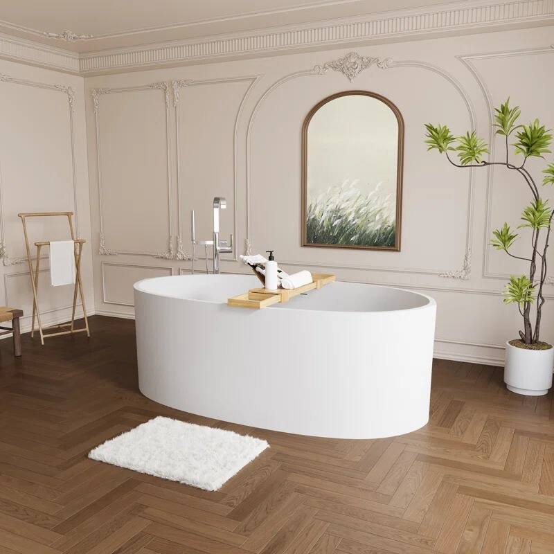 ABRUZZO 65'' x 34.25'' Freestanding Soaking Solid Surface Bathtub with Overflow and Pop-up Drain
