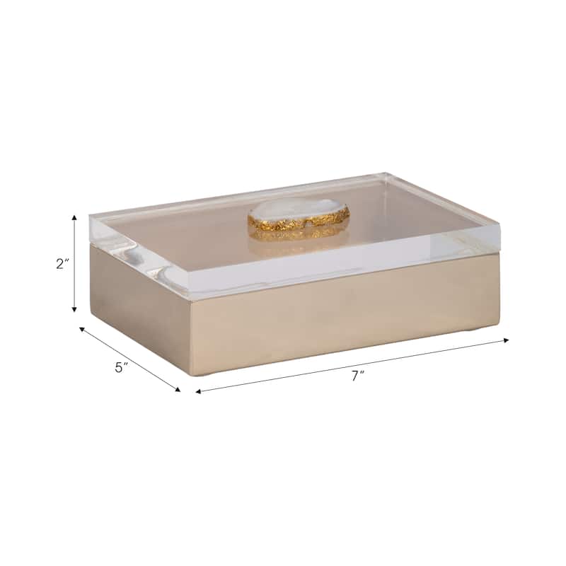 Decorative Box with Lid & Agate Stone Knob - 7", Gold & White - 7.0"