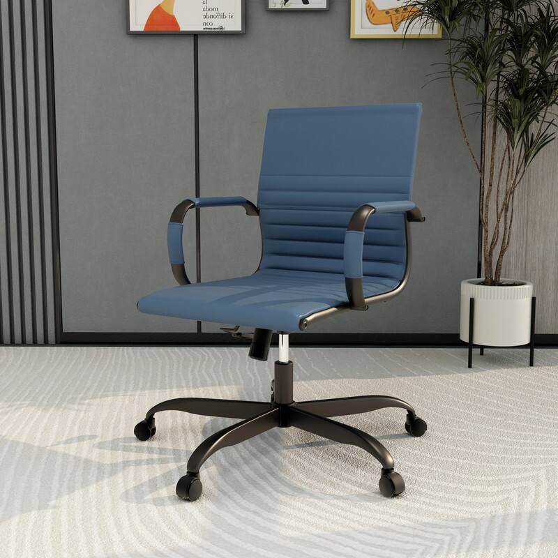 Harris Leather Mid-Back Adjustable Seat Height Office Desk Computer Swivel Chair in Black Metal Frame for Home Conference
