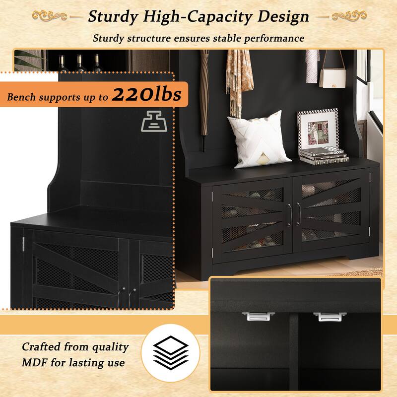 Breathable Hall Tree Cabinet Coat Rack with Adjustable Shelves & Bench Seat, Shoe Storage Cabinet with Wire Mesh Door
