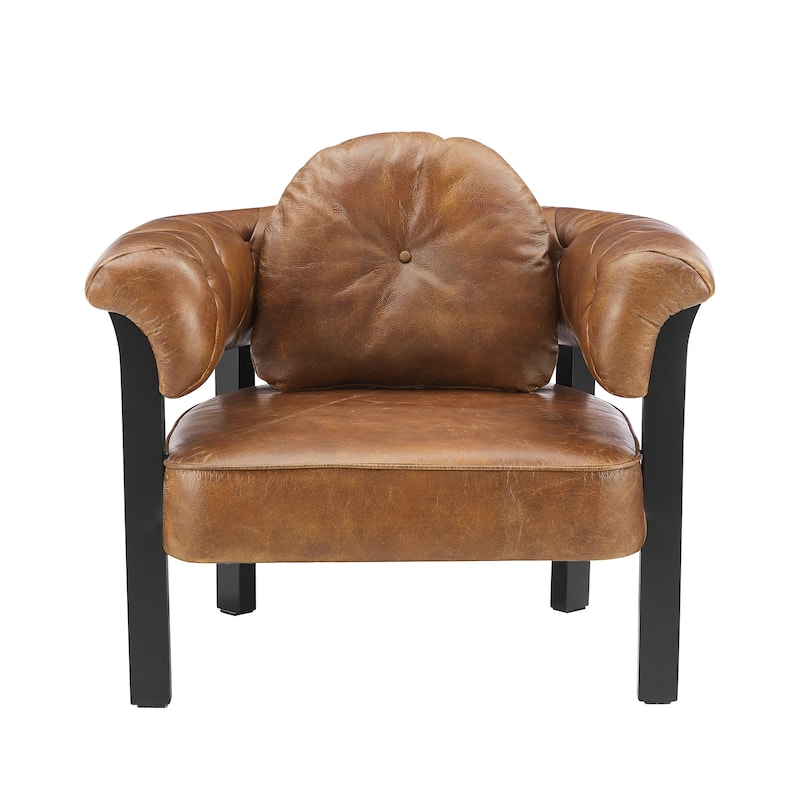 Art Leon Mid-century Top Grain Leather and Wood Accent Chair