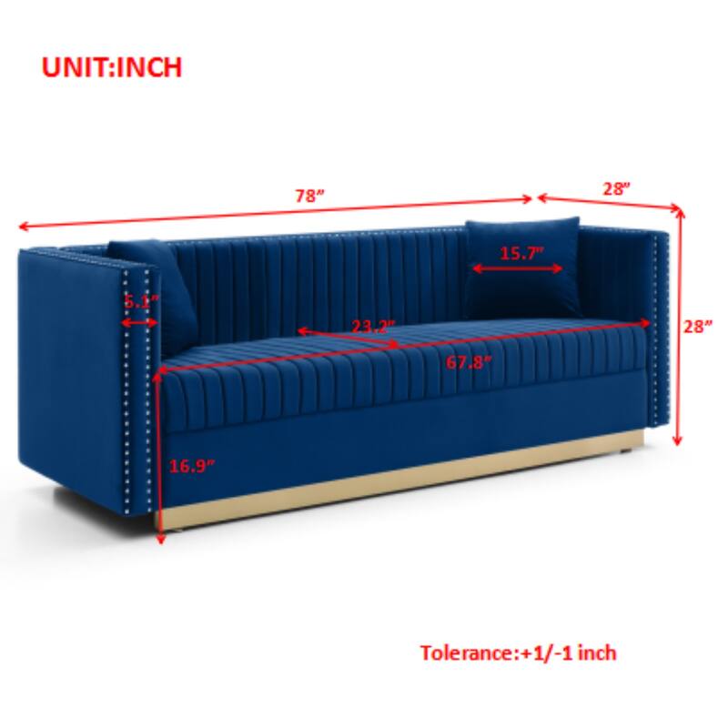 Contemporary Vertical Channel Tufted Velvet Sofa with 2 Pillows, Blue