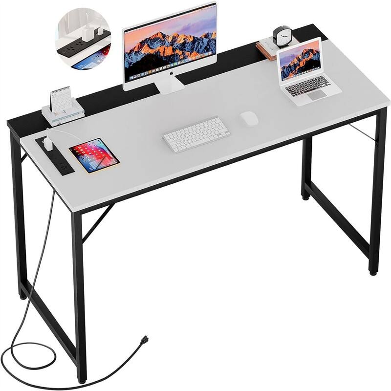 55 Inch Computer Desks with Power Outlets - 55.11"D x 19.7"W x 30"H - White and Black