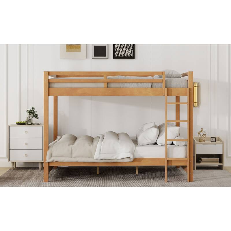 GDFStudio - Solid Wood Queen Bunk Bed with Ladder and Guardrails