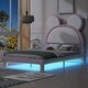 preview thumbnail 2 of 5, Full Size Upholstered Platform Bed Frame with LED Lights, Wooden PU Leather Bed with Cartoon Ears Shaped Headboard, White+Pink