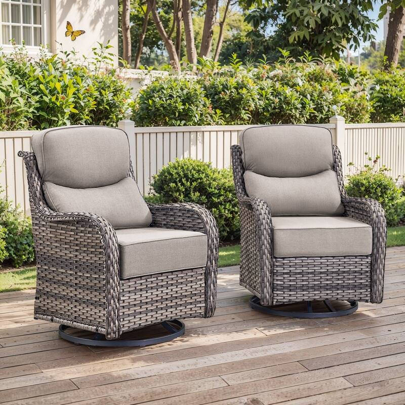 Outdoor Swivel Wicker Patio Chairs Set of 2 - Swivel Chair - Grey Rattan - Beige Cushion
