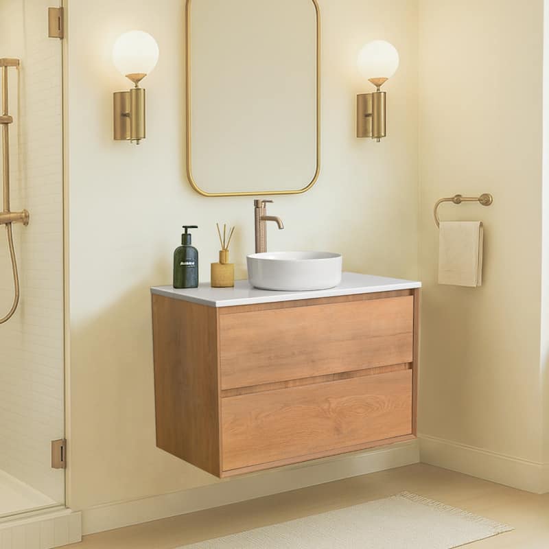36"48"60"72"84" Floating Bathroom Vanity Quartz Counter Top with Round Ceramic Vessel Sink