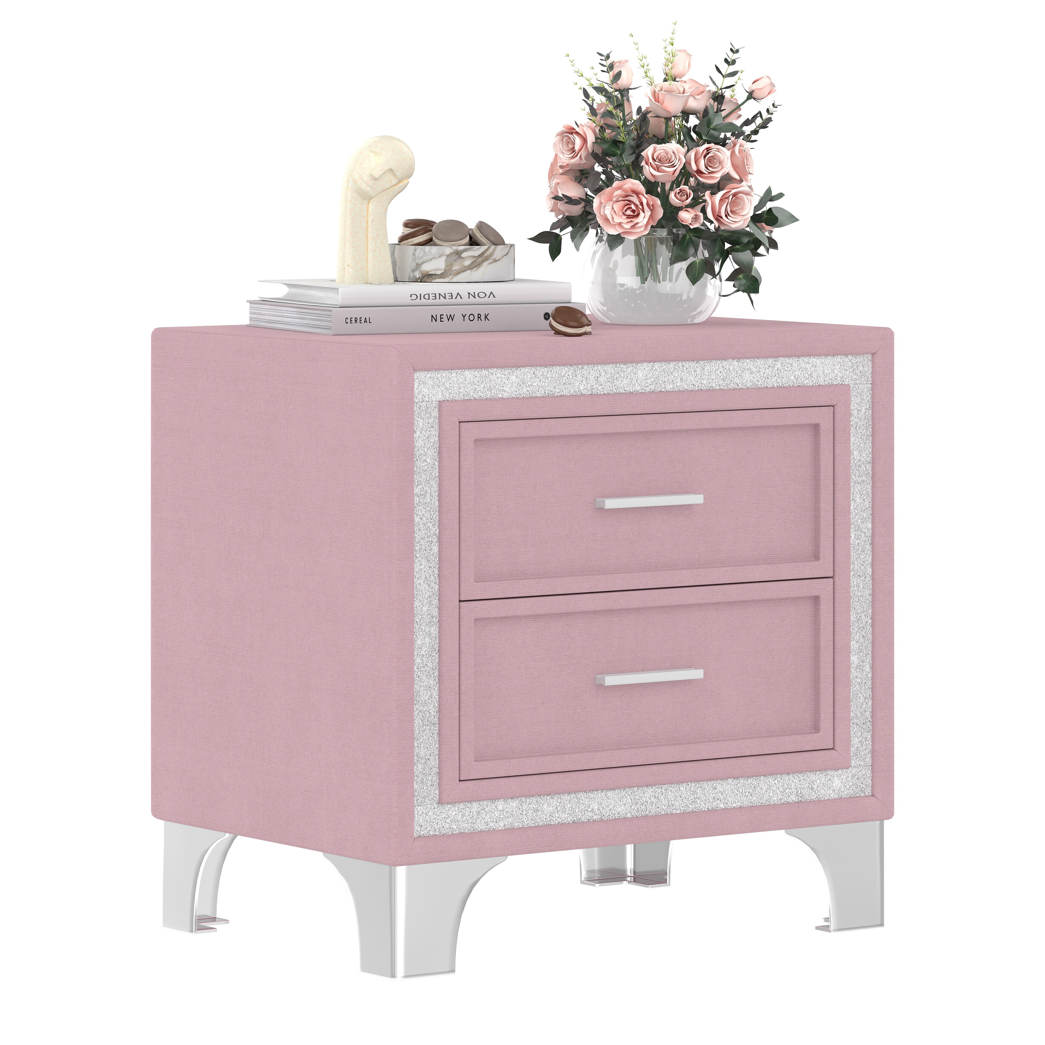 Mid-Century Vintage Velvet 2-Drawer Nightstand - Silver Glitter Strip + Metal Legs (Fully Assembled Except Legs/Handles, Pink)
