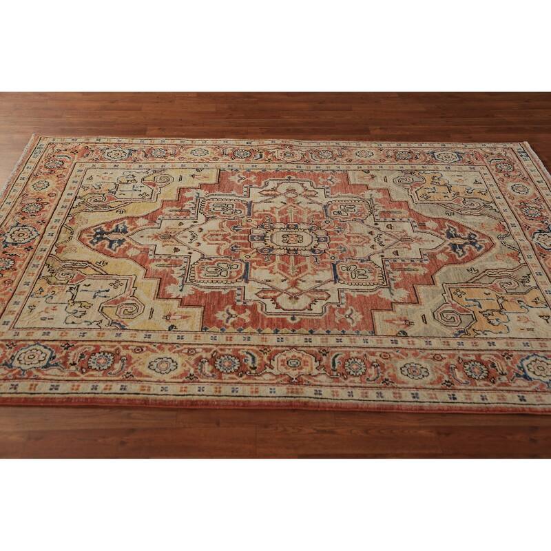 Geometric Heriz Serapi Vegetable Dye Rug Handmade Wool Carpet - 5'0"x 6'10"