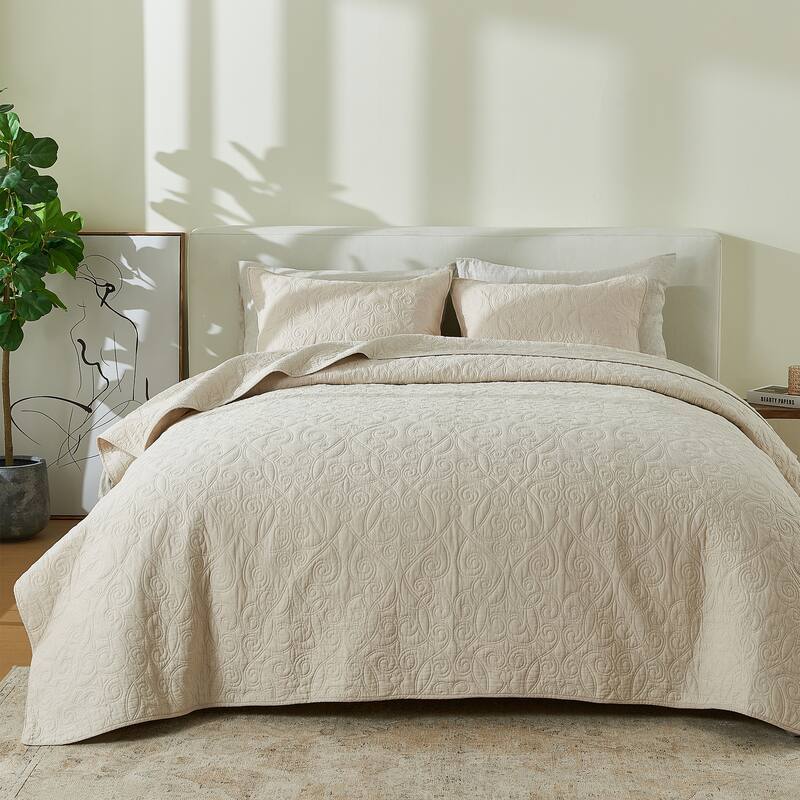 Patina Vie Maison 100% Cotton Stitched 3 Piece Quilt and Sham Set - Natural - Scroll - Full - Queen