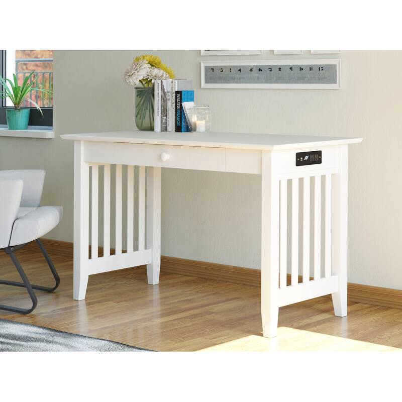 Mission Writing Desk with Drawer and Built In USB Charger in White - White